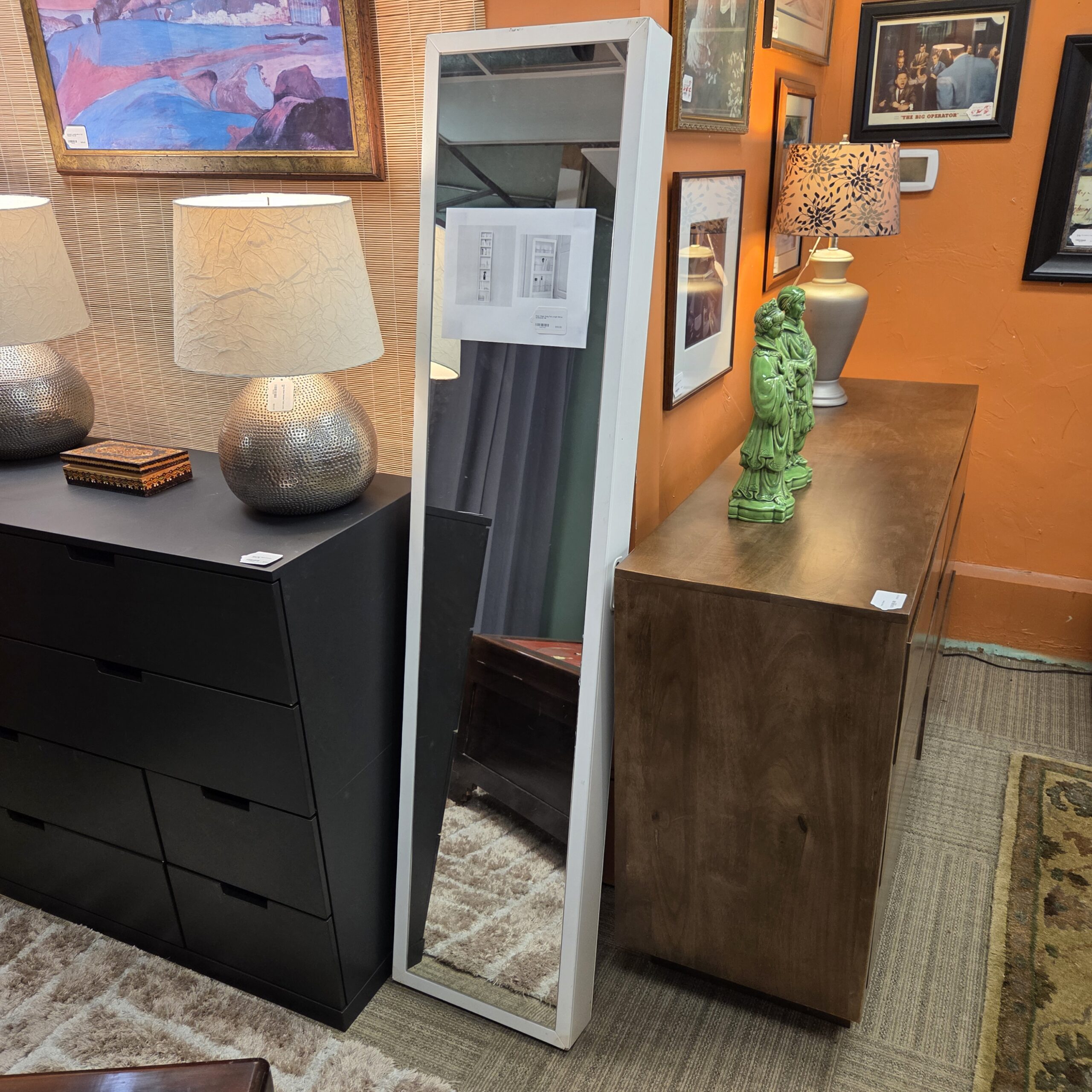 door hinge hung full length mirror w/shelves