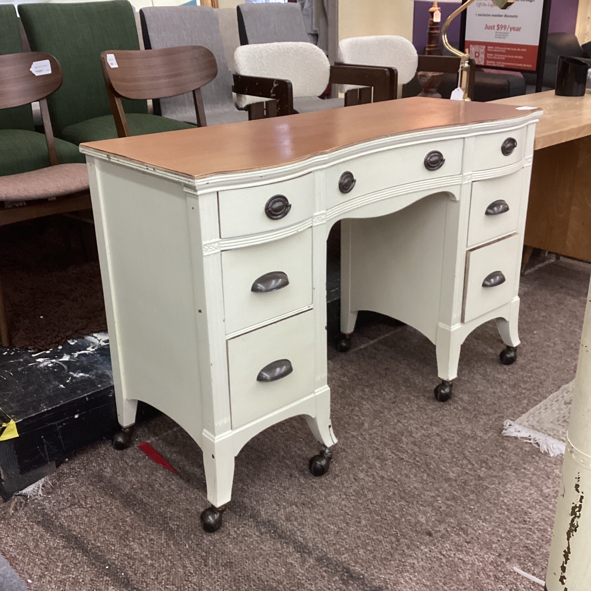 rolling white neo classic desk (as is)