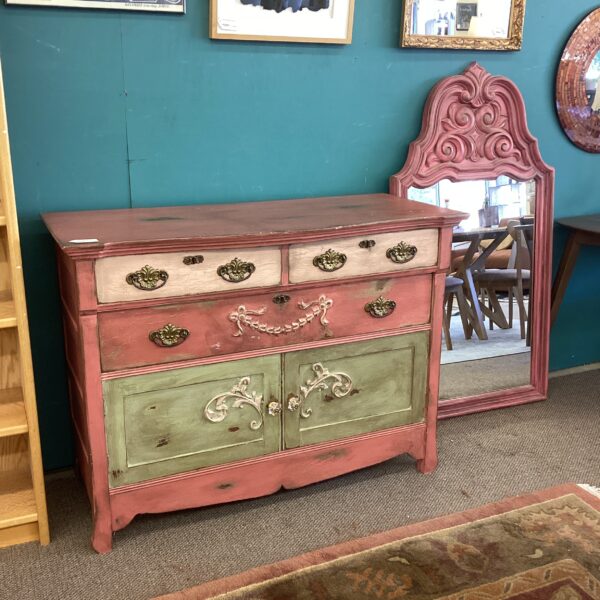 french rustic pink & green dresser w/mirror