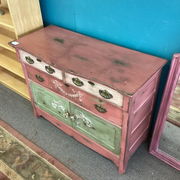 french rustic pink & green dresser w/mirror