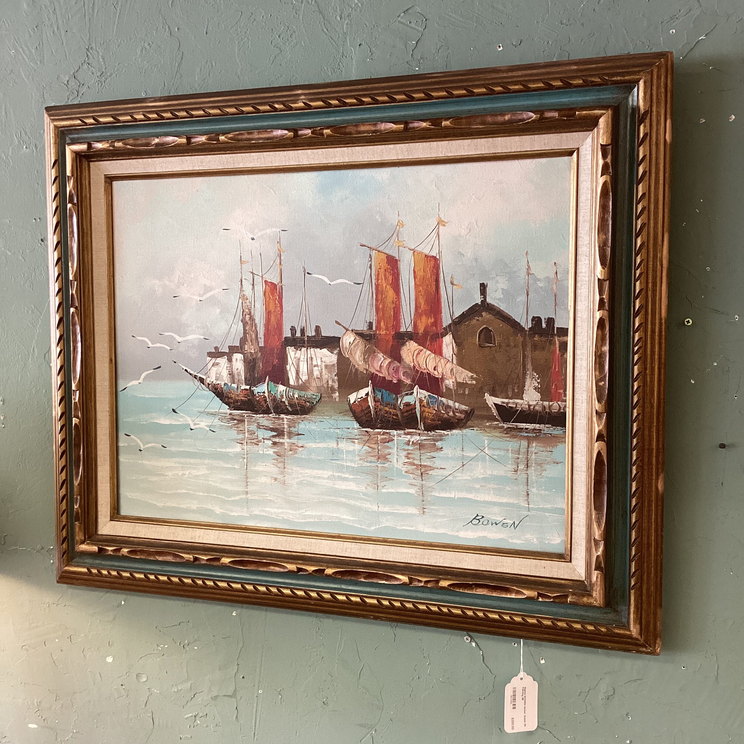 signed bowen harbor scene oil painting