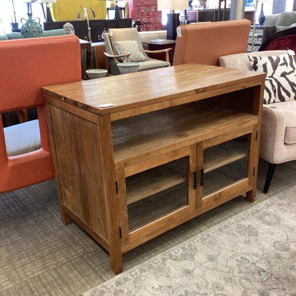blonde hardwood media unit w/glass doors