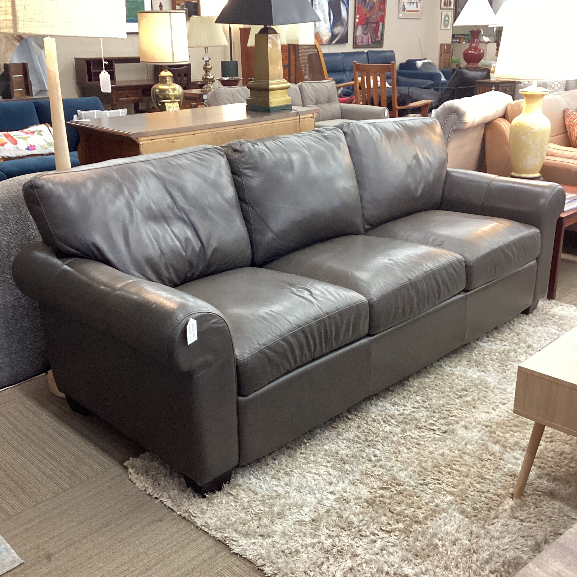 taupey grey leather rolled arm sofa (as is)