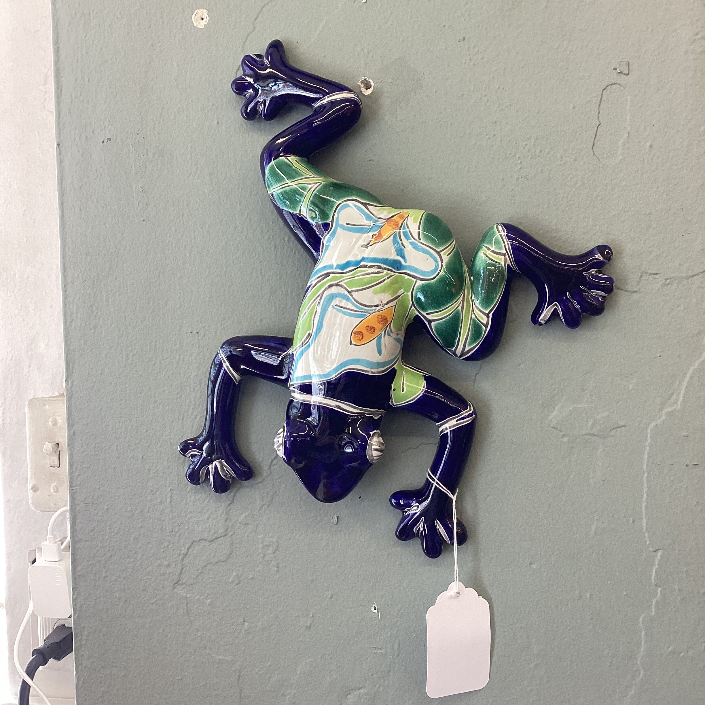 signed blue mexican frog ceramic decor
