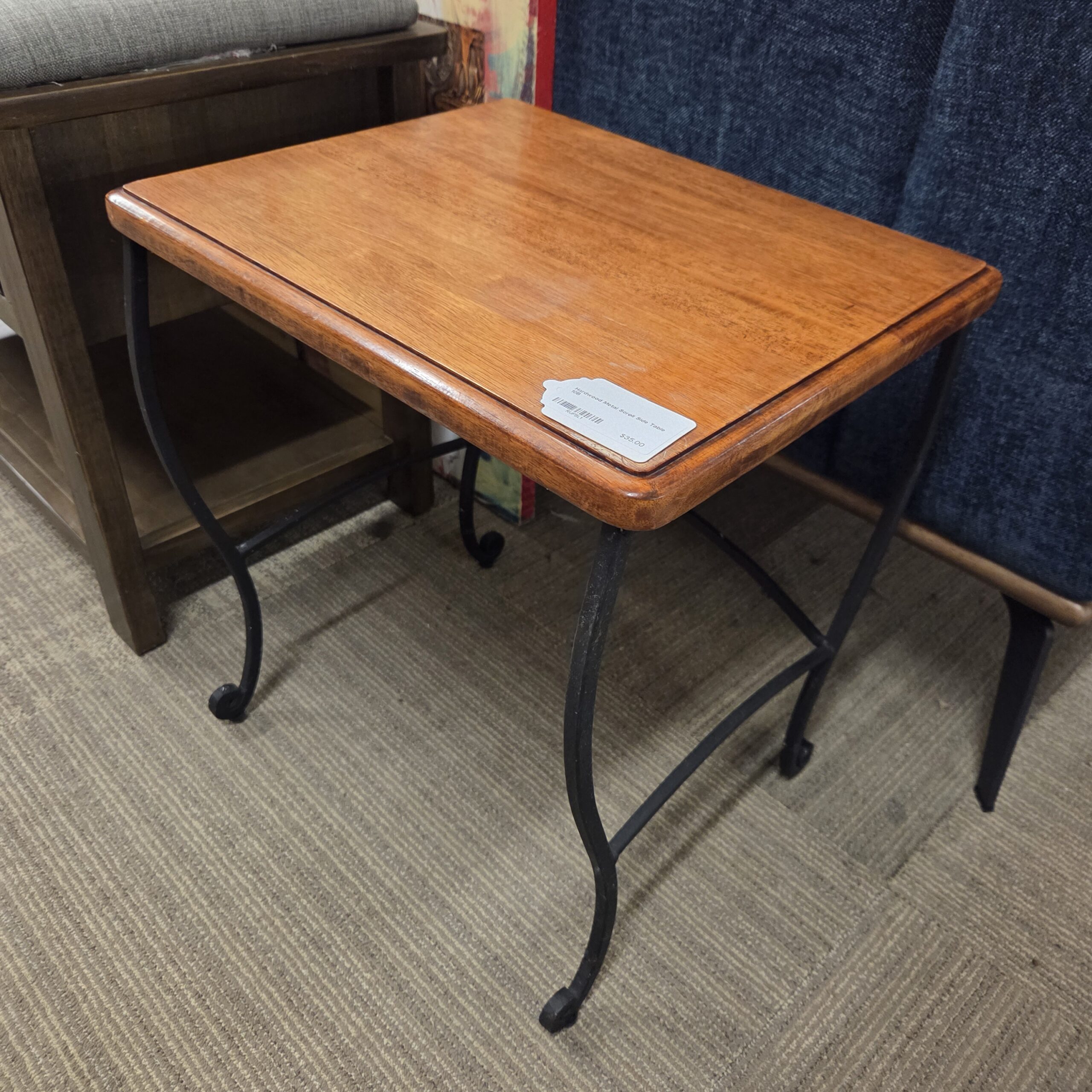 hardwood metal scroll side table