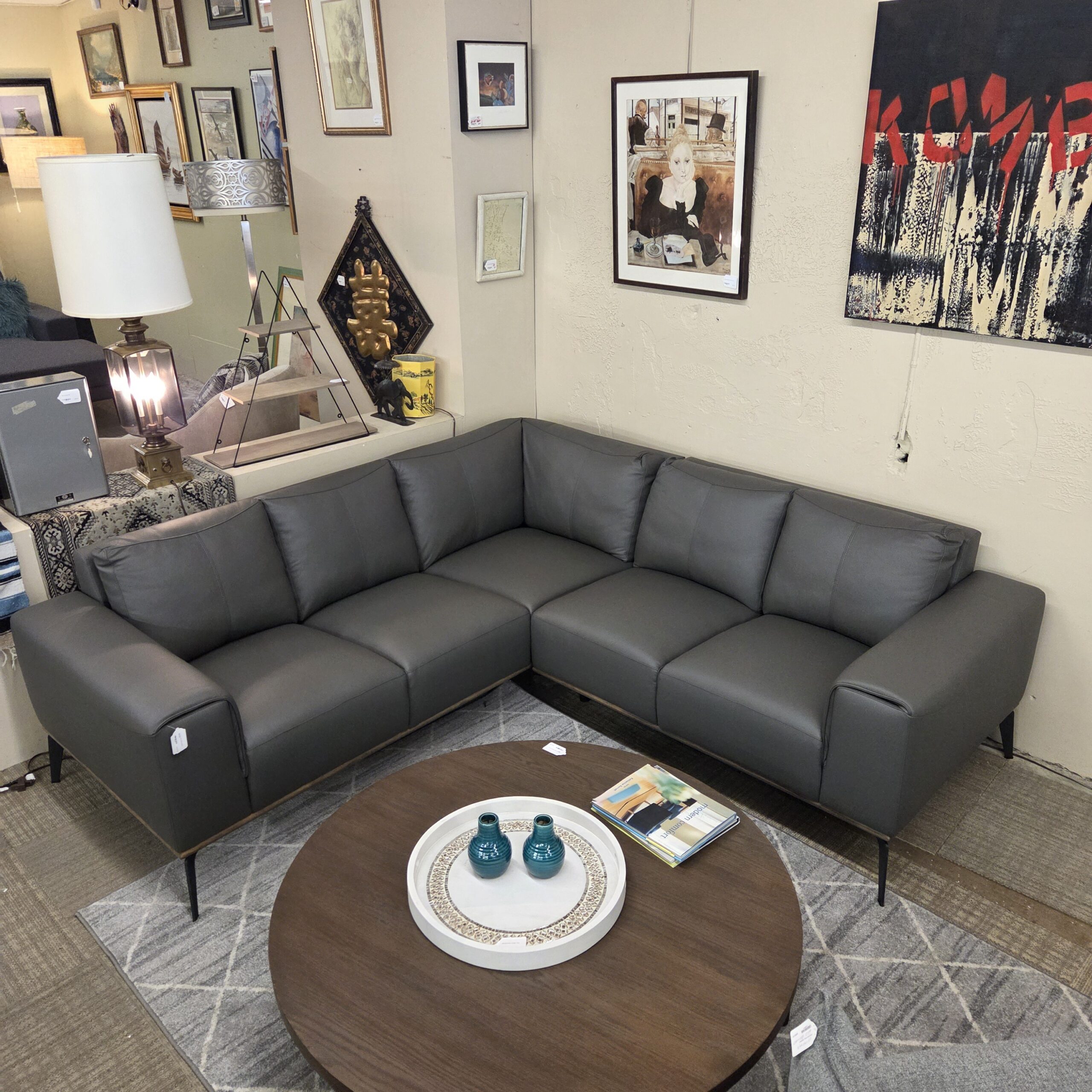 top grain gray mod leather sectional