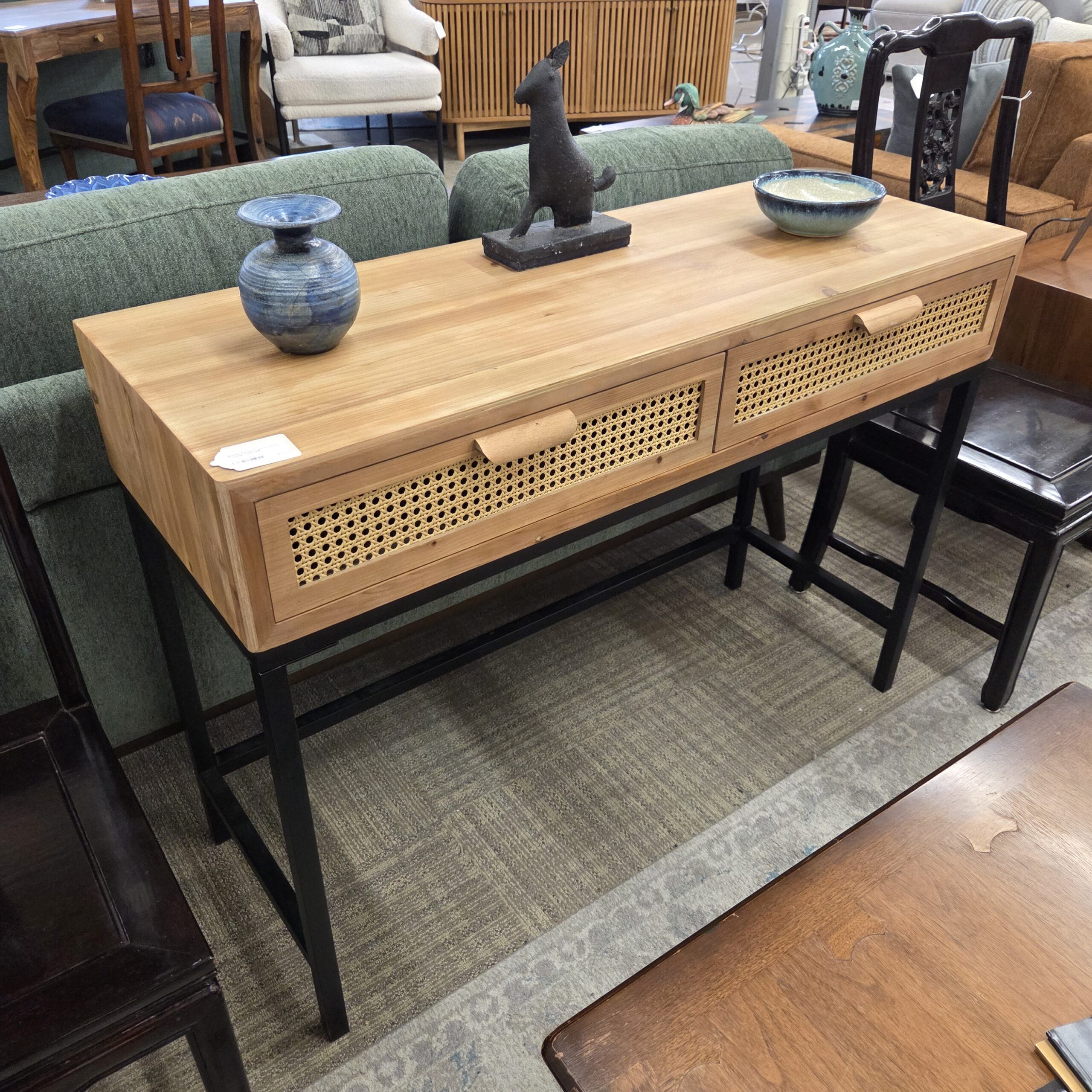 blonde rattan front drawers console table
