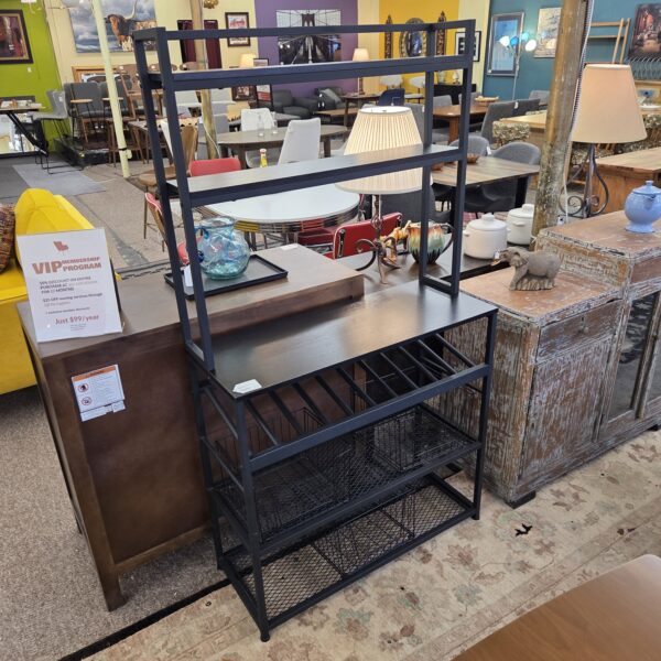 black metal wine rack w/wire baskets
