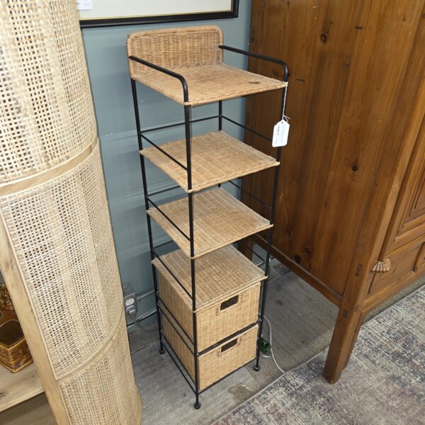 narrow metal & rattan shelf