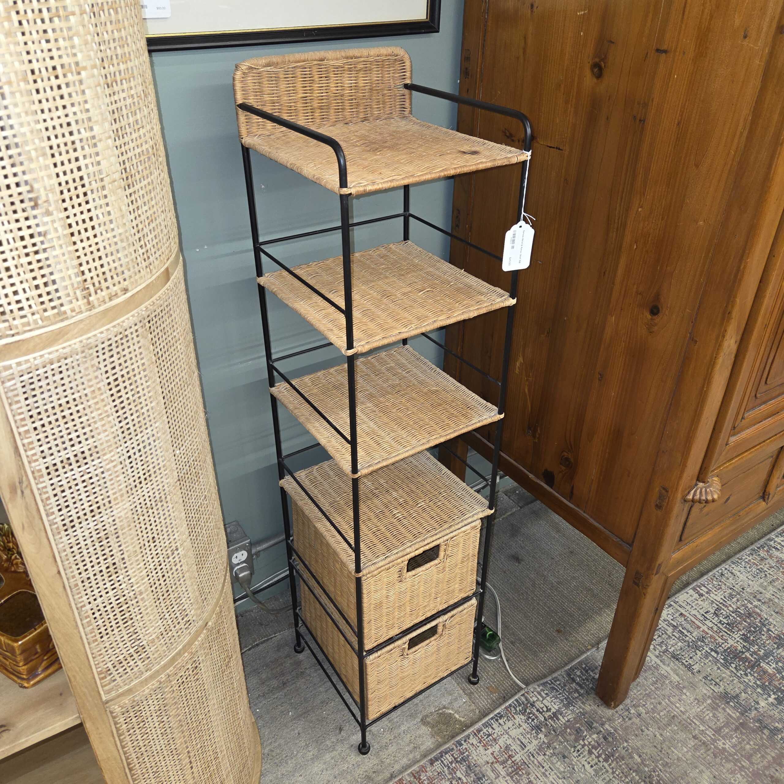 narrow metal & rattan shelf