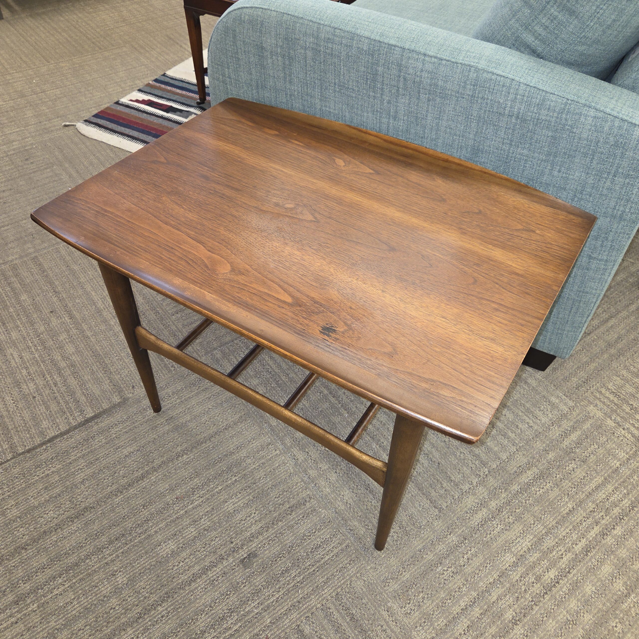 bassett mcm walnut side table w/dowel shelf (as is) bassett mcm walnut side table w/dowel shelf (as is)