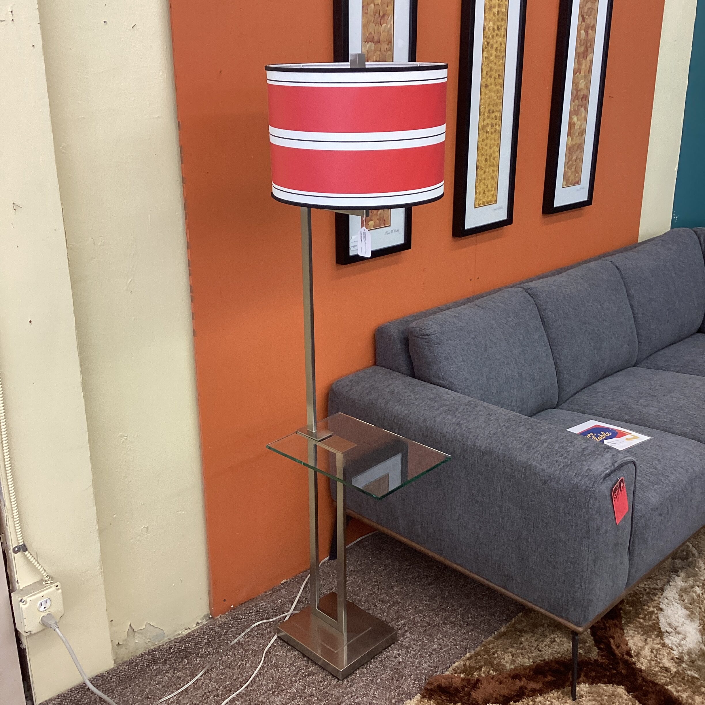 contemporary stainless steel & glass side table floor lamp w/red stripe shade contemporary stainless steel & glass side table floor lamp w/red stripe shade