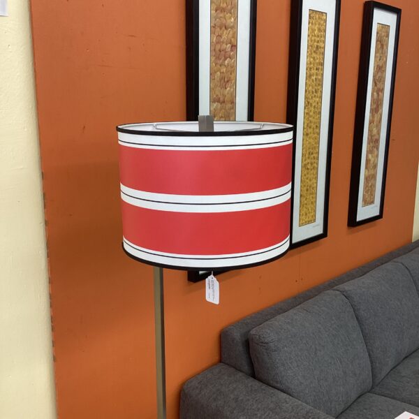 contemporary stainless steel & glass side table floor lamp w/red stripe shade
