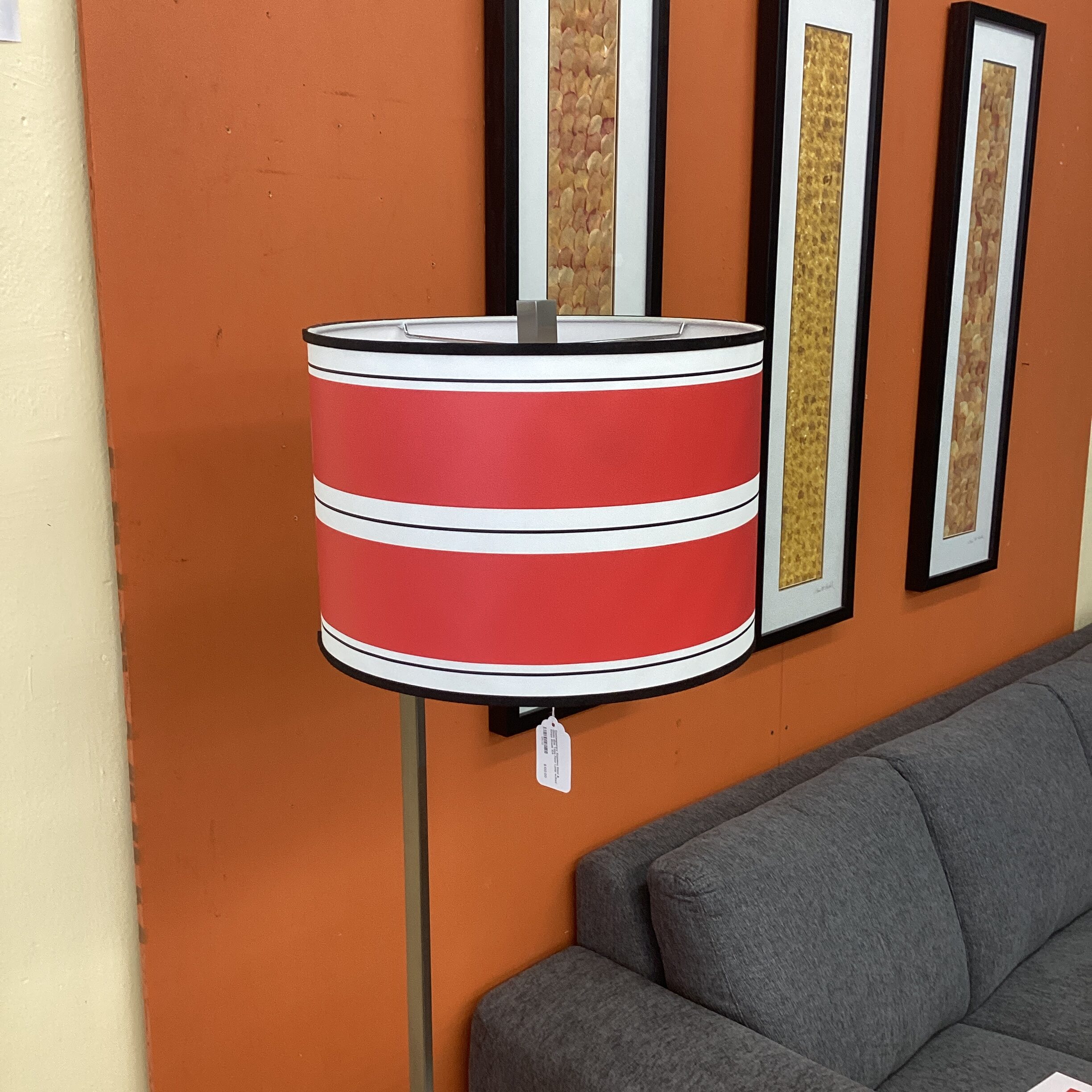 contemporary stainless steel & glass side table floor lamp w/red stripe shade