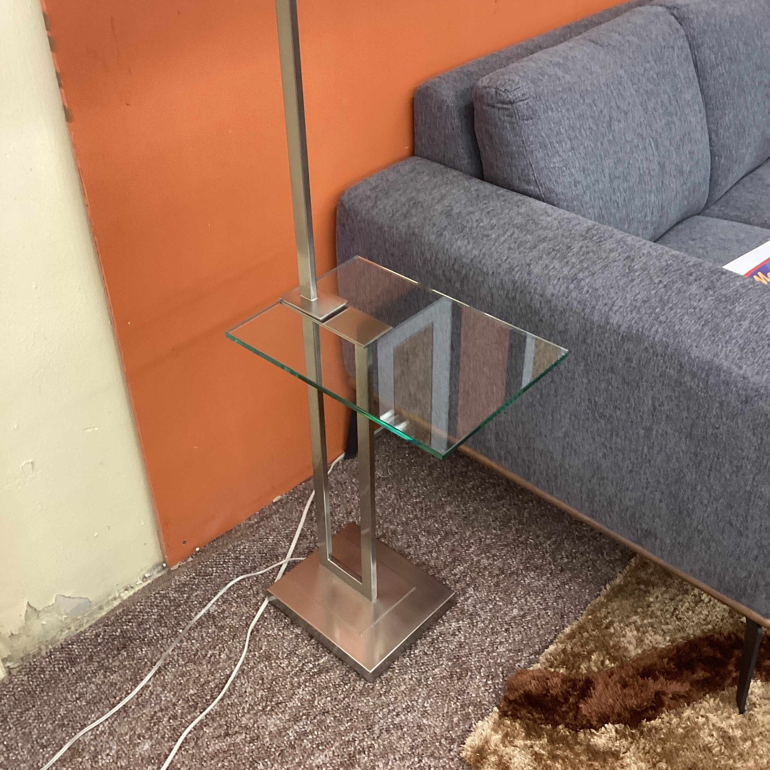 contemporary stainless steel & glass side table floor lamp w/red stripe shade contemporary stainless steel & glass side table floor lamp w/red stripe shade