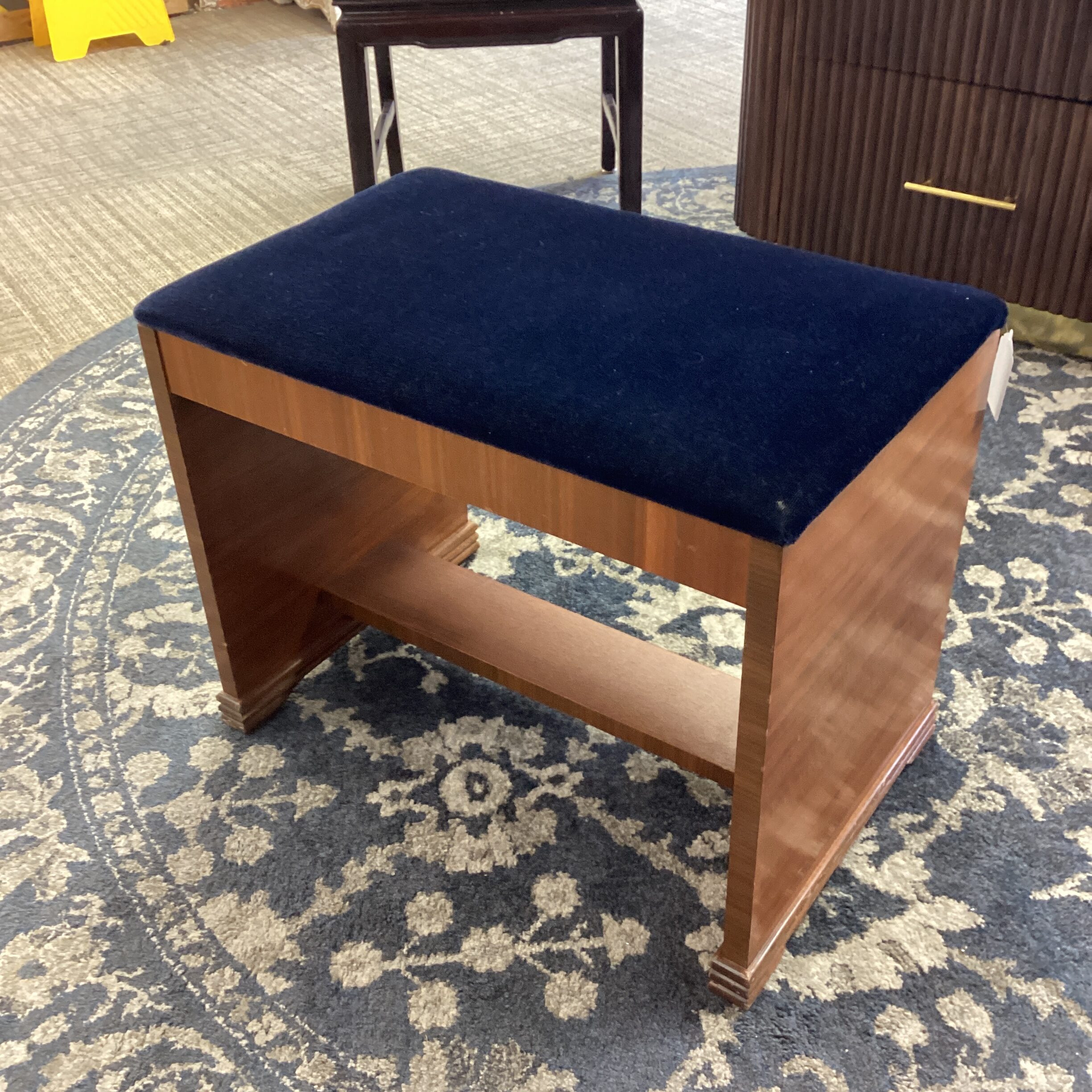 vintage vanity bench with navy fabric top