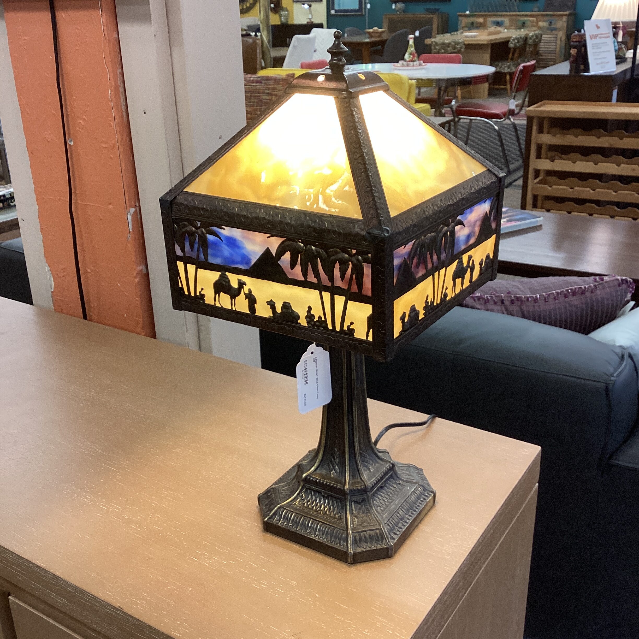 egyptian relief slag glass lamp